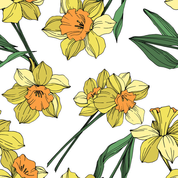 Vector Yellow Narcissus floral botanical flower. Wild spring leaf wildflower isolated. Engraved ink art. Seamless background pattern. Fabric wallpaper print texture.