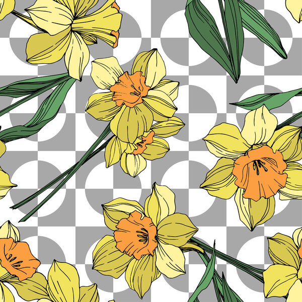 Vector Yellow Narcissus floral botanical flower. Wild spring leaf wildflower isolated. Engraved ink art. Seamless background pattern. Fabric wallpaper print texture.