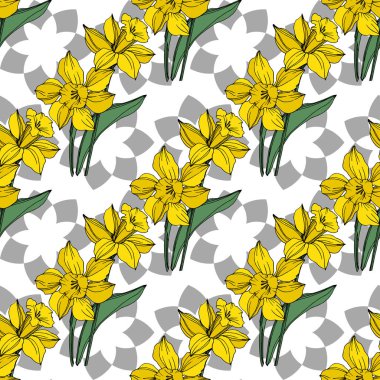Vektör sarı nergis botanik çiçek. Vahşi bahar yaprak izole kır çiçeği. Oyulmuş mürekkep sanat. Sorunsuz arka plan deseni. Kumaş duvar kağıdı yazdırma doku.