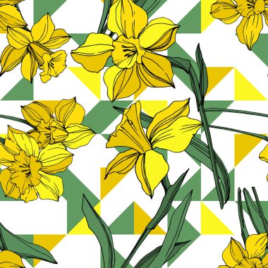 Vektör sarı nergis botanik çiçek. Vahşi bahar yaprak izole kır çiçeği. Oyulmuş mürekkep sanat. Sorunsuz arka plan deseni. Kumaş duvar kağıdı yazdırma doku.