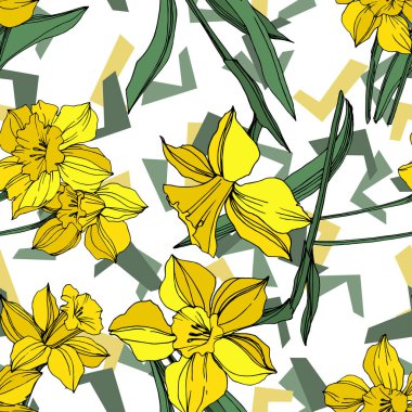 Vektör sarı nergis botanik çiçek. Vahşi bahar yaprak izole kır çiçeği. Oyulmuş mürekkep sanat. Sorunsuz arka plan deseni. Kumaş duvar kağıdı yazdırma doku.