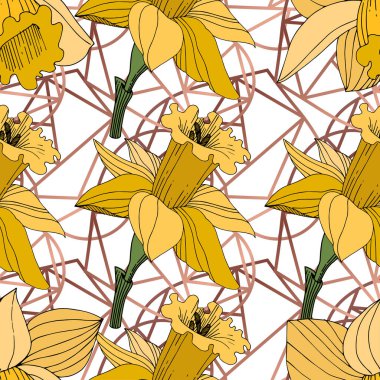 Vektör sarı nergis botanik çiçek. Vahşi bahar yaprak izole kır çiçeği. Oyulmuş mürekkep sanat. Sorunsuz arka plan deseni. Kumaş duvar kağıdı yazdırma doku.