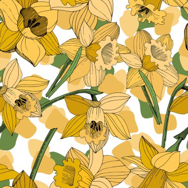Vektör sarı nergis botanik çiçek. Vahşi bahar yaprak izole kır çiçeği. Oyulmuş mürekkep sanat. Sorunsuz arka plan deseni. Kumaş duvar kağıdı yazdırma doku.