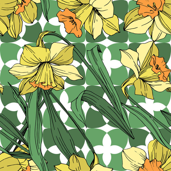 Vector Yellow Narcissus floral botanical flower. Wild spring leaf wildflower isolated. Engraved ink art. Seamless background pattern. Fabric wallpaper print texture.