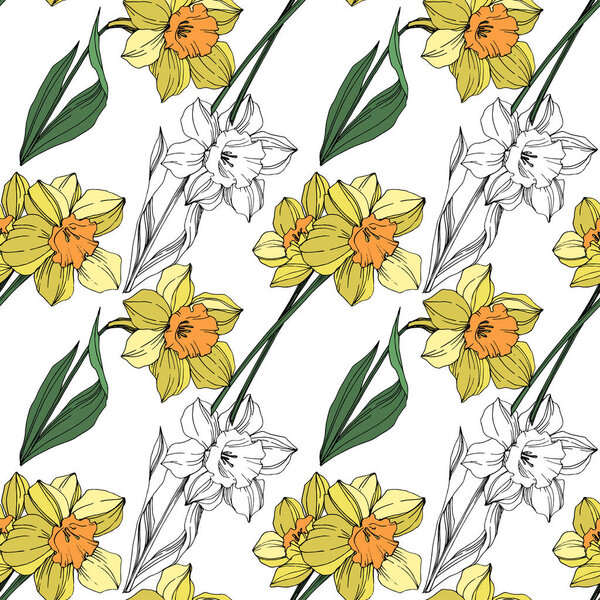 Vector Yellow Narcissus floral botanical flower. Wild spring leaf wildflower isolated. Engraved ink art. Seamless background pattern. Fabric wallpaper print texture.