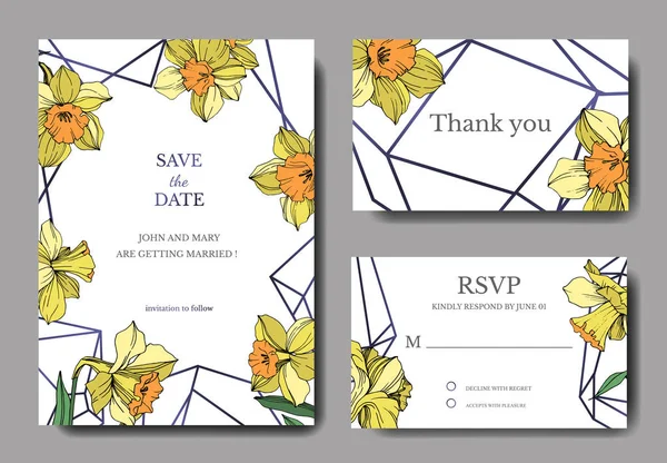 Vektör sarı nergis botanik çiçek. Vahşi bahar yaprak izole. Oyulmuş mürekkep sanat. Düğün arka plan kartı çiçek Dekoratif kenarlık. Zarif kartınız illüstrasyon grafik afiş ayarla.