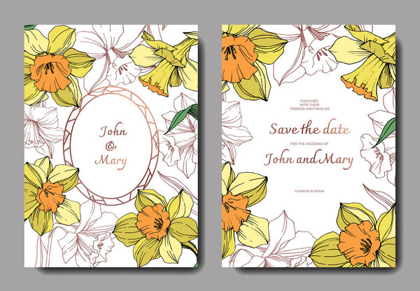 Vector Yellow Narcissus floral botanical flower. Wild spring leaf isolated. Engraved ink art. Wedding background card floral decorative border. Elegant card illustration graphic set banner.