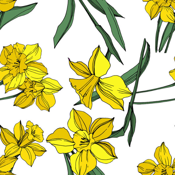 Vector Yellow Narcissus floral botanical flower. Wild spring leaf wildflower isolated. Engraved ink art. Seamless background pattern. Fabric wallpaper print texture.