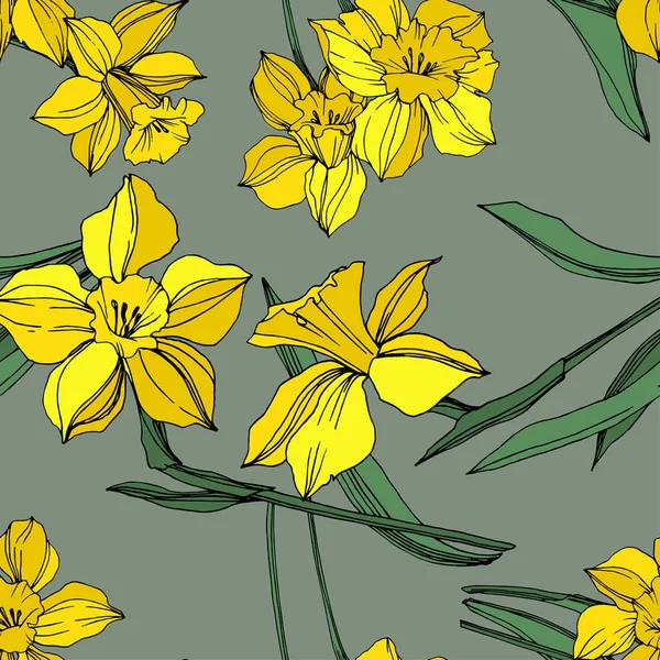 Vector Narciso Amarillo Flor Botánica Floral Flor Silvestre Hoja Primavera — Vector de stock