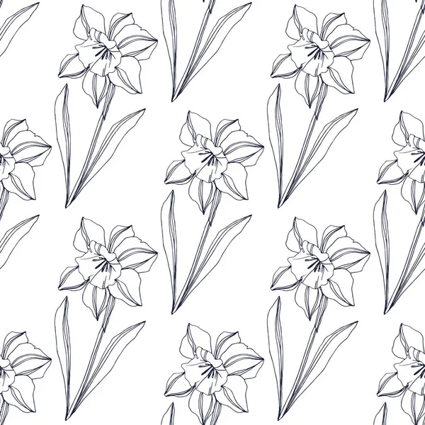 ベクトル水仙花植物花 野生春葉のワイルドフラワーが分離されました 黒と白には アートが刻まれています シームレスな背景パターン 壁紙印刷手触りの生地 — ストックベクタ