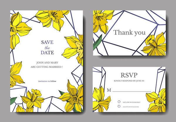 Vector Yellow Narcissus floral botanical flower. Wild spring leaf isolated. Engraved ink art. Wedding background card floral decorative border. Elegant card illustration graphic set banner.