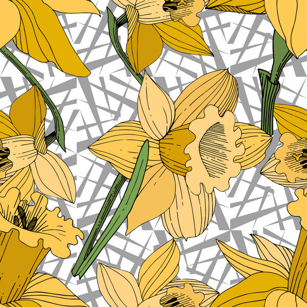 Vector Yellow Narcissus floral botanical flower. Wild spring leaf wildflower isolated. Engraved ink art. Seamless background pattern. Fabric wallpaper print texture.