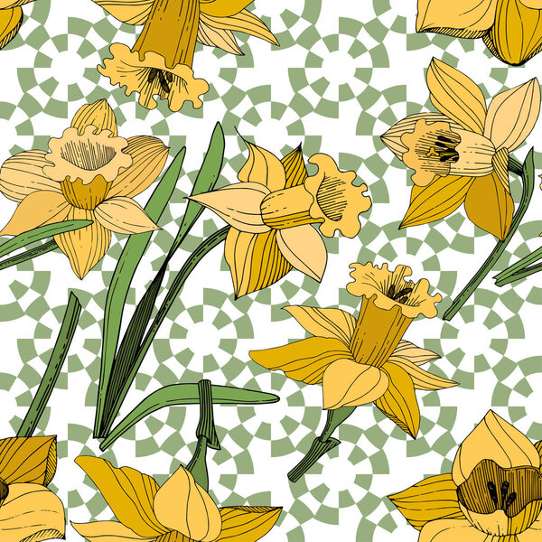 Vector Yellow Narcissus floral botanical flower. Wild spring leaf wildflower isolated. Engraved ink art. Seamless background pattern. Fabric wallpaper print texture.