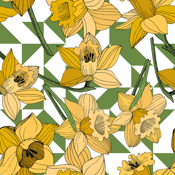 Vector Yellow Narcissus floral botanical flower. Wild spring leaf wildflower isolated. Engraved ink art. Seamless background pattern. Fabric wallpaper print texture.