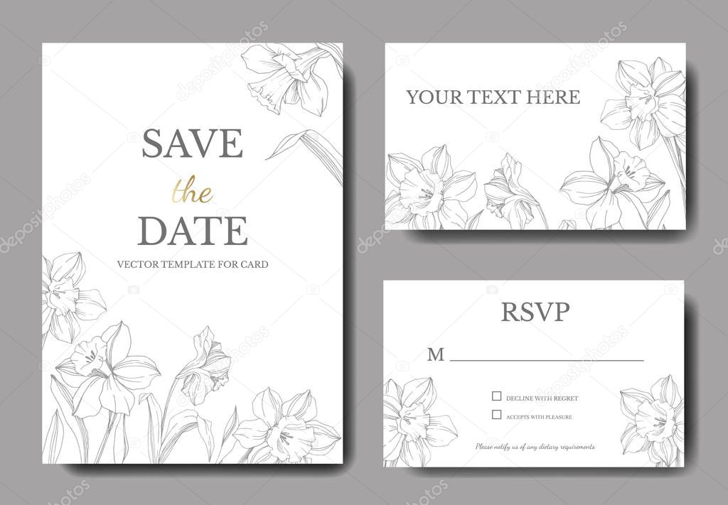 Vector Narcissus floral flower. Wild spring leaf isolated. Black and white engraved ink art. Wedding background card floral decorative border. Elegant card illustration graphic set banner.