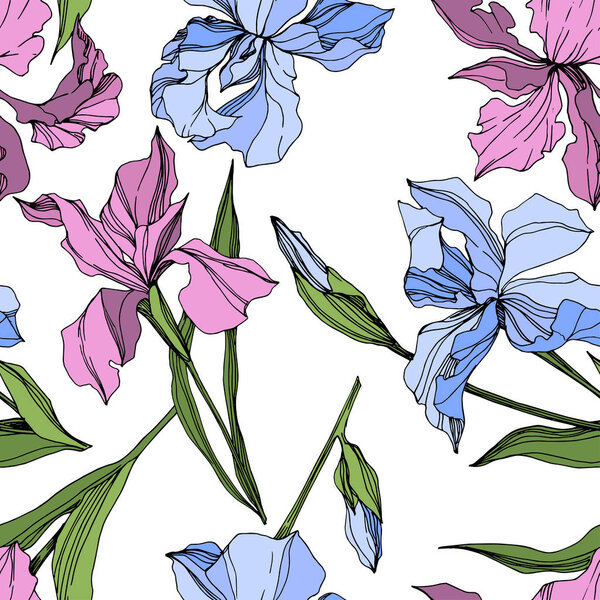 Vector pink and blue irises. Engraved ink art. Seamless background pattern. Fabric wallpaper print texture.