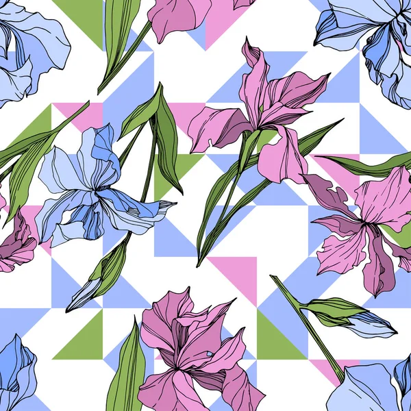 Vector Pink Blue Irises Engraved Ink Art Seamless Background Pattern — Stock Vector
