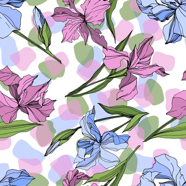 Vector Pink Blue Irises Engraved Ink Art Seamless Background Pattern — Stock Vector