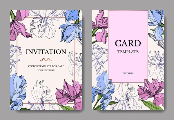 Iris Vetor Ilustração Modelos Cartões Saudação Com Flores — Vetor de Stock