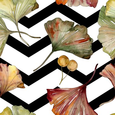 Yeşil kırmızı ginkgo biloba yaprakları. Suluboya arka plan illüstrasyon küme. Sorunsuz arka plan deseni.