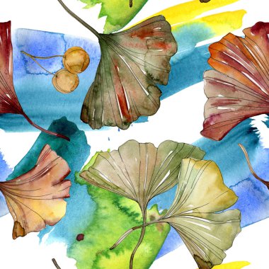 Yeşil kırmızı ginkgo biloba yaprakları. Suluboya arka plan illüstrasyon küme. Sorunsuz arka plan deseni.