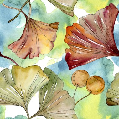 Yeşil kırmızı ginkgo biloba yaprakları. Suluboya arka plan illüstrasyon küme. Sorunsuz arka plan deseni.
