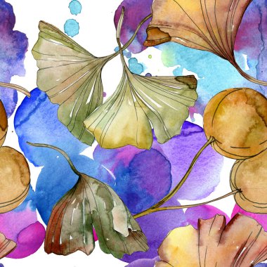 Yeşil kırmızı ginkgo biloba yaprakları. Suluboya arka plan illüstrasyon küme. Sorunsuz arka plan deseni.