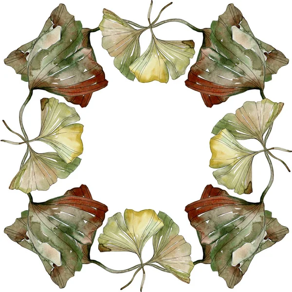Πράσινο κόκκινο ginkgo biloba φύλλα. Ακουαρέλα φόντο εικόνα σύνολο. Πλαίσιο συνόρων στολίδι τετράγωνο. — Φωτογραφία Αρχείου