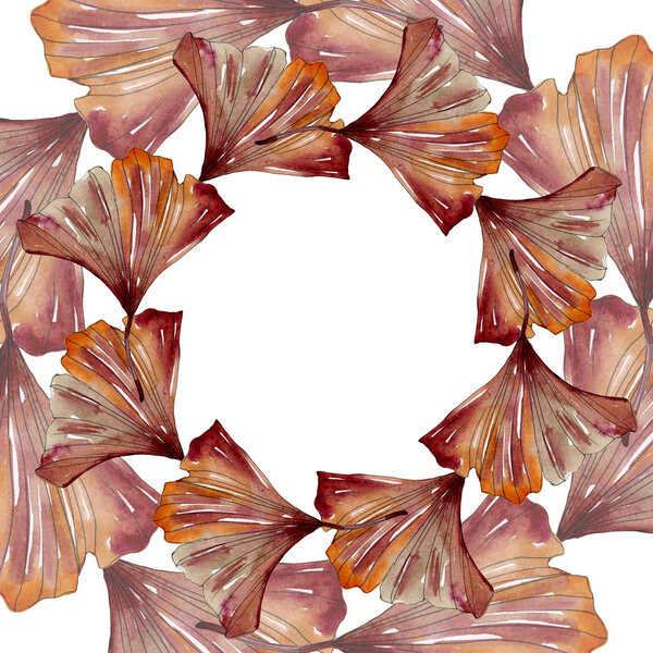 Green red ginkgo biloba leaves.Watercolor background illustration set. Frame border ornament square.