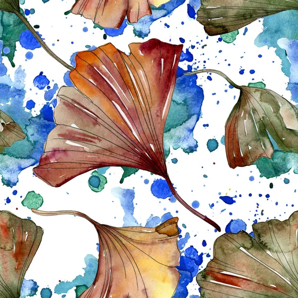 Green red ginkgo biloba leaves. Watercolor background illustration set. Seamless background pattern. — Stock Photo, Image