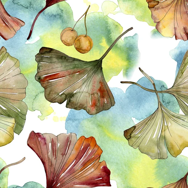 Green red ginkgo biloba leaves. Watercolor background illustration set. Seamless background pattern. — Stock Photo, Image