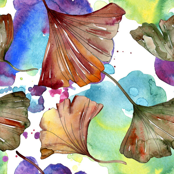 Green red ginkgo biloba leaves. Watercolor background illustration set. Seamless background pattern.