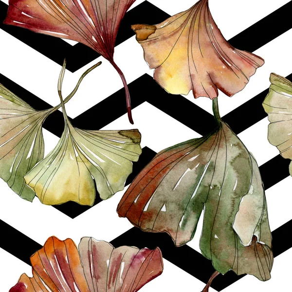 Green red ginkgo biloba leaves. Watercolor background illustration set. Seamless background pattern.