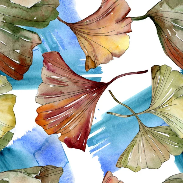 Green red ginkgo biloba leaves. Watercolor background illustration set. Seamless background pattern. — Stock Photo, Image