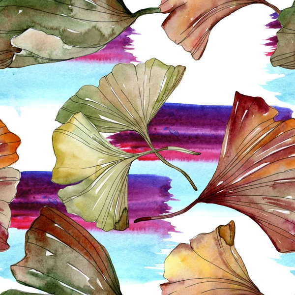 Green red ginkgo biloba leaves. Watercolor background illustration set. Seamless background pattern. — Stock Photo, Image