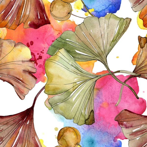 Green red ginkgo biloba leaves. Watercolor background illustration set. Seamless background pattern. — Stock Photo, Image