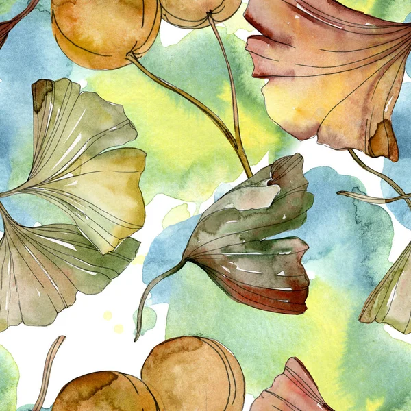Green red ginkgo biloba leaves. Watercolor background illustration set. Seamless background pattern. — Stock Photo, Image