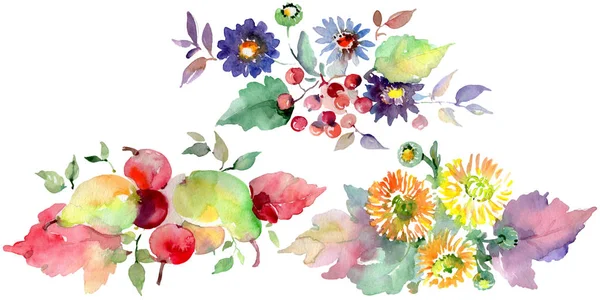 Kytice s květy a plody. Sada akvarel pozadí obrázku. Prvek ilustrace izolované kytice. — Stock fotografie