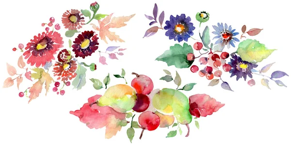 Boeketten met bloemen en vruchten. Aquarel achtergrond afbeelding instellen. Geïsoleerde boeketten afbeelding element. — Stockfoto
