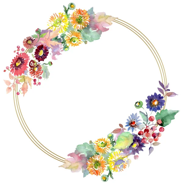 Sträuße mit Blumen und Früchten. Aquarell Hintergrundillustration Set. Rahmen Rand Ornament Quadrat. — Stockfoto