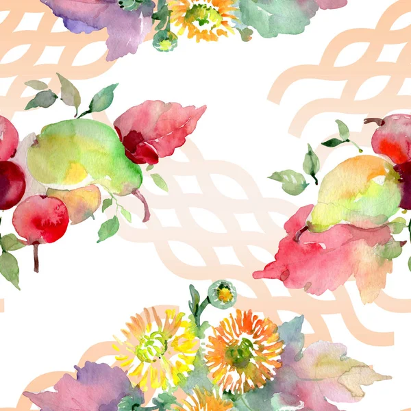 Buchete cu flori și fructe. Set de ilustrații de fundal acuarelă. Model de fundal fără sudură . — Fotografie, imagine de stoc