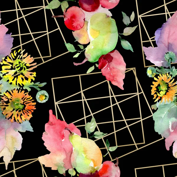 Csokrok, virágok és gyümölcsök. Akvarell háttér illusztráció készlet. Varratmentes háttérben minta. — Stock Fotó