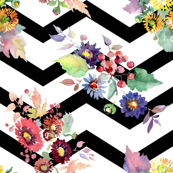 Buketter med blommor och frukter. Akvarell bakgrund illustration set. Sömlös bakgrundsmönster. — Stockfoto