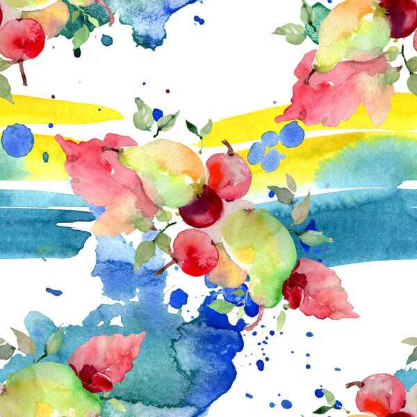 Bouquets with flowers and fruits. Watercolor background illustration set. Seamless background pattern.