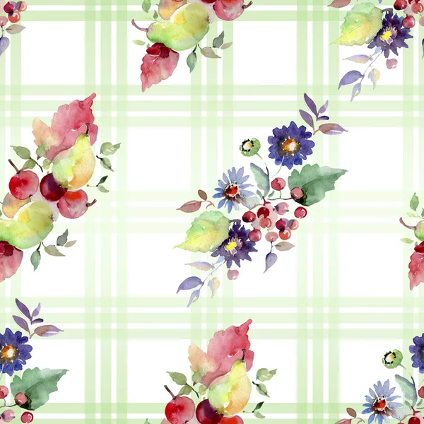 Bouquets with flowers and fruits. Watercolor background illustration set. Seamless background pattern. — Stock Photo, Image