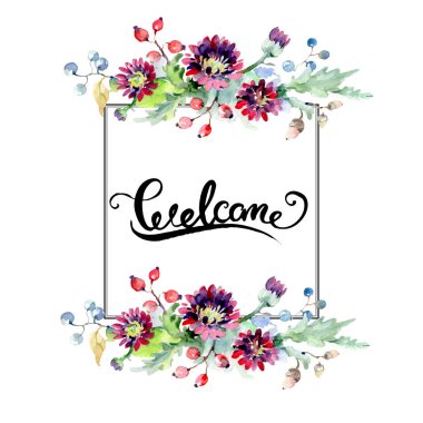 Buket çiçek ve meyveleri ile. Botanik çiçek. Vahşi bahar yaprak izole kır çiçeği. Suluboya arka plan illüstrasyon küme. Suluboya çizim moda aquarelle izole.
