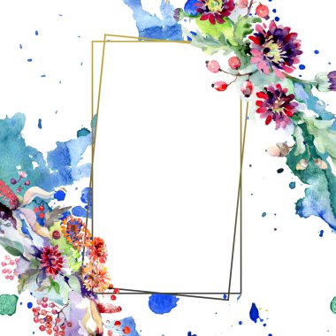 Buket çiçek ve meyveleri ile. Botanik çiçek. Vahşi bahar yaprak izole kır çiçeği. Suluboya arka plan illüstrasyon küme. Suluboya çizim moda aquarelle izole.