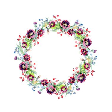 Buket çiçek ve meyveleri ile. Botanik çiçek. Vahşi bahar yaprak izole kır çiçeği. Suluboya arka plan illüstrasyon küme. Suluboya çizim moda aquarelle izole.