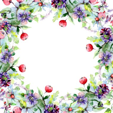 Buket çiçek ve meyveleri ile. Botanik çiçek. Vahşi bahar yaprak izole kır çiçeği. Suluboya arka plan illüstrasyon küme. Suluboya çizim moda aquarelle izole.