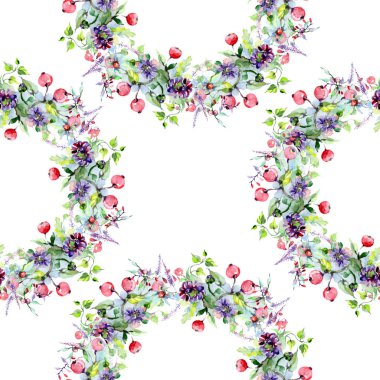 Buket çiçek ve meyveleri ile. Botanik çiçek. Vahşi bahar yaprak izole kır çiçeği. Suluboya arka plan illüstrasyon küme. Suluboya çizim moda aquarelle izole.